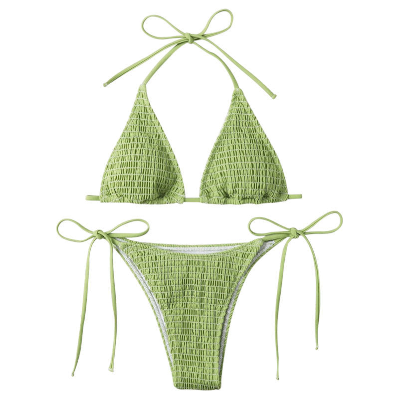 Wholesale Printed Halter Sling Pleated Drawstring Triangle Split Swimwear